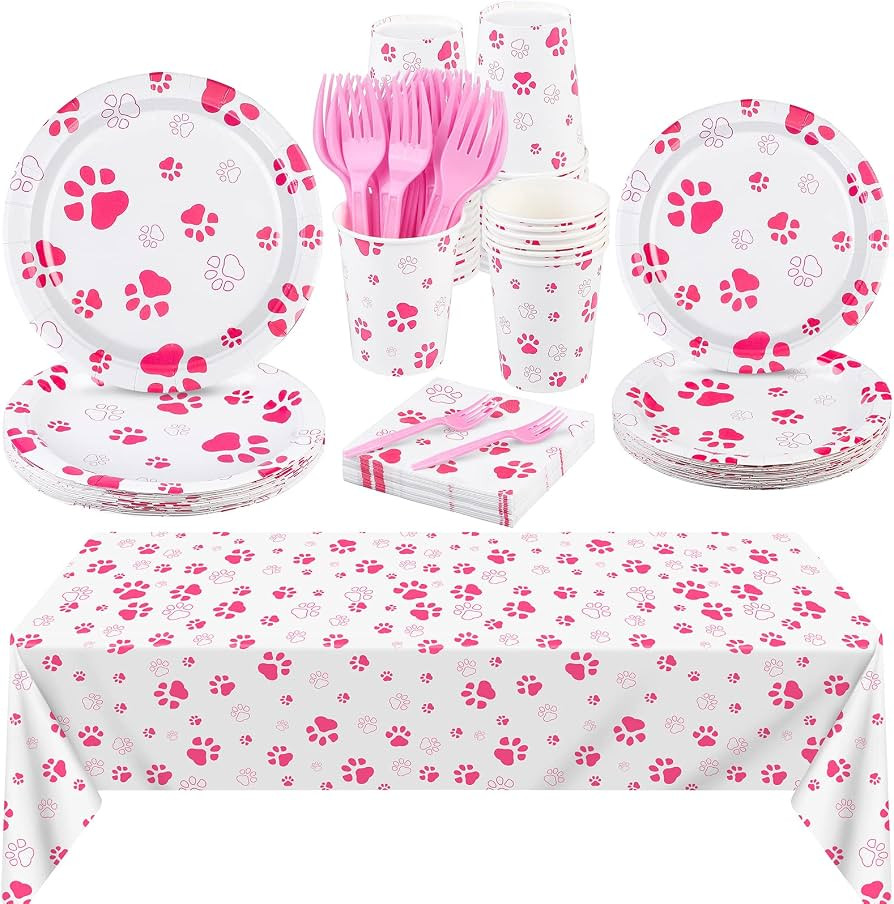 durony 121 Pieces Pink Paw Print Party Supplies Dog Birthday Tablecloth, Plates, Napkins, Forks a... | Amazon (US)