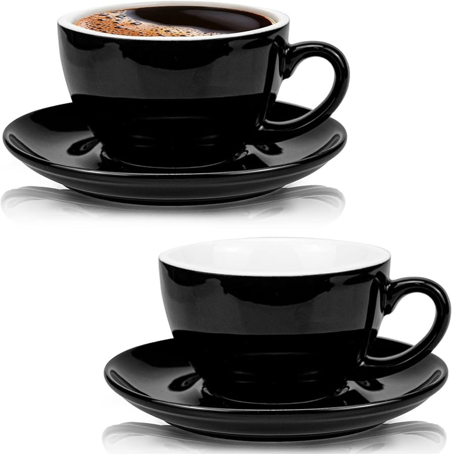 Yesland 2 Pack 8.5 oz Coffee Cup and Saucer, Ceramic Glossy Black Cappuccino Cups with Saucers fo... | Amazon (US)