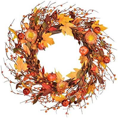 LSKYTOP Artificial Fall Berry Wreath - 20" Autumn Door Wreath with Fall Leave,Pumpkin,Berries,Flo... | Amazon (US)