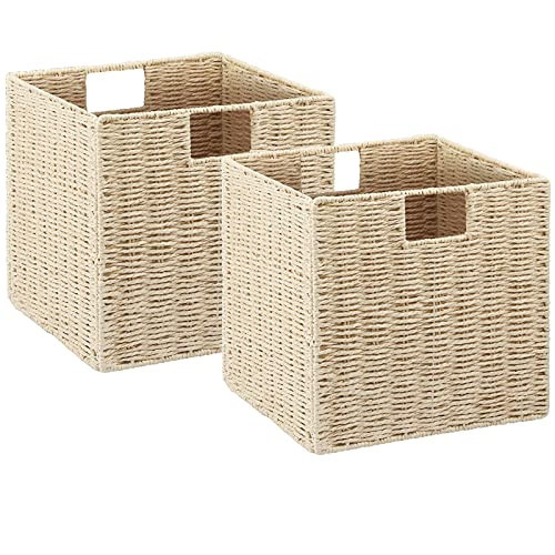 Vagusicc Wicker Storage Baskets, Set of 2 Hand-Woven With Handles, Foldable Cube Organizer 9 Inch for Shelves, Pantry, Bedroom Decor - Beige | Amazon (US)
