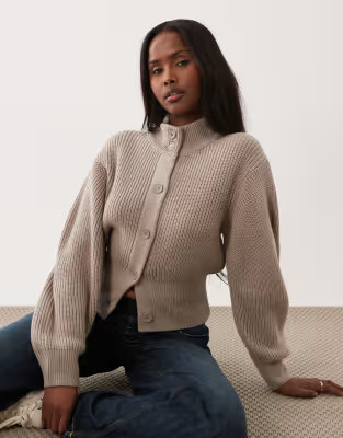ASOS DESIGN knitted funnel neck cardigan in stone | ASOS | ASOS (Global)