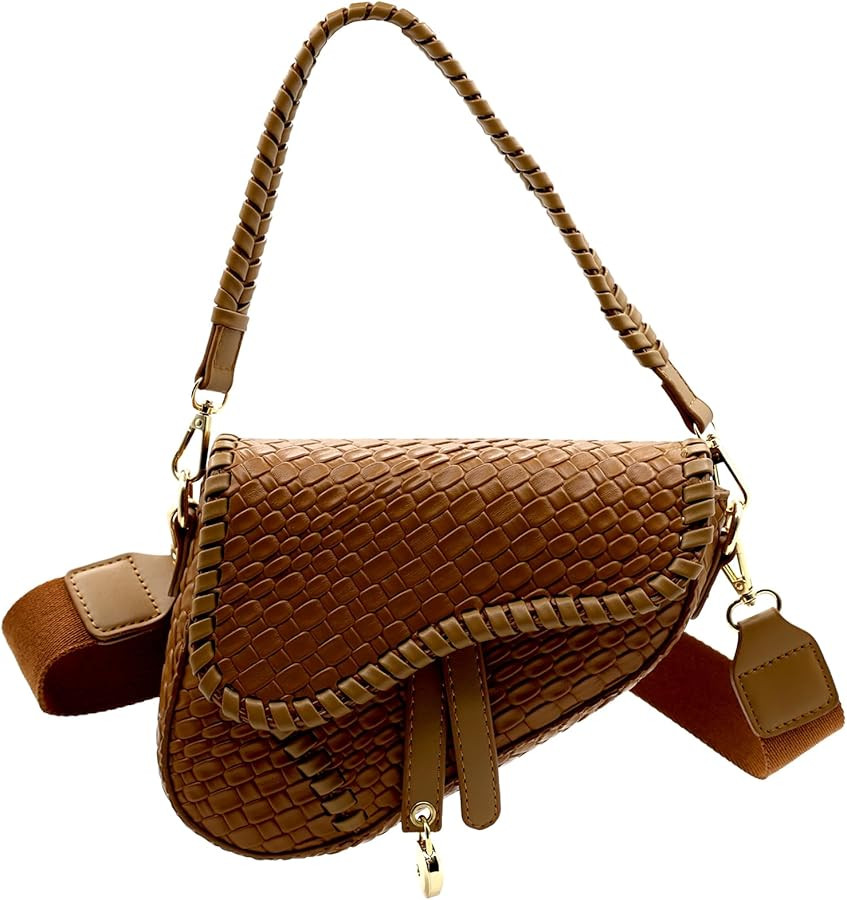 fashion women saddle shoulder bag clutch purse small crossbody satchel handbag woven imitation cr... | Amazon (US)