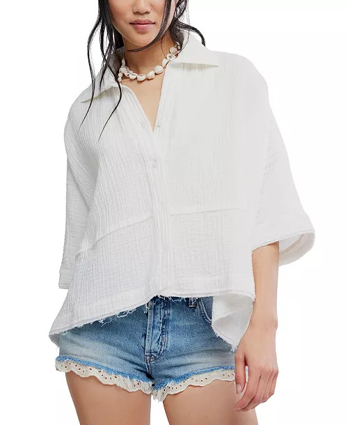 Free People Women's Happy Days Collared Cotton Top - Macy's | Macy's