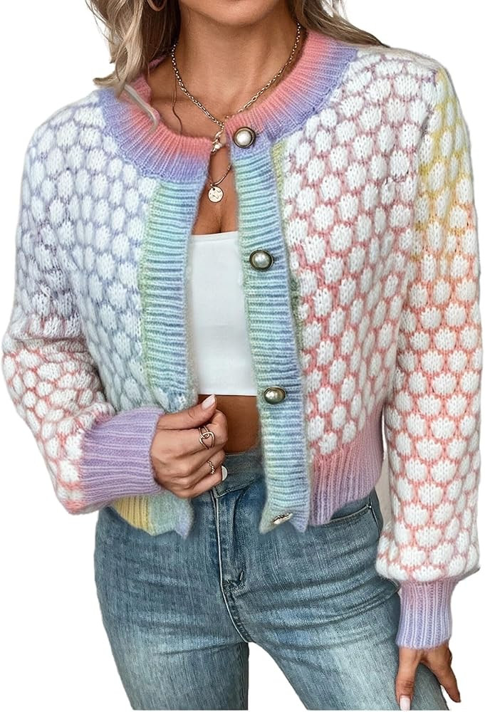 GORGLITTER Women's Button Up Colorful Cropped Cardigan Sweater Cute Trendy 2025 Knit Tweed Jacket | Amazon (US)