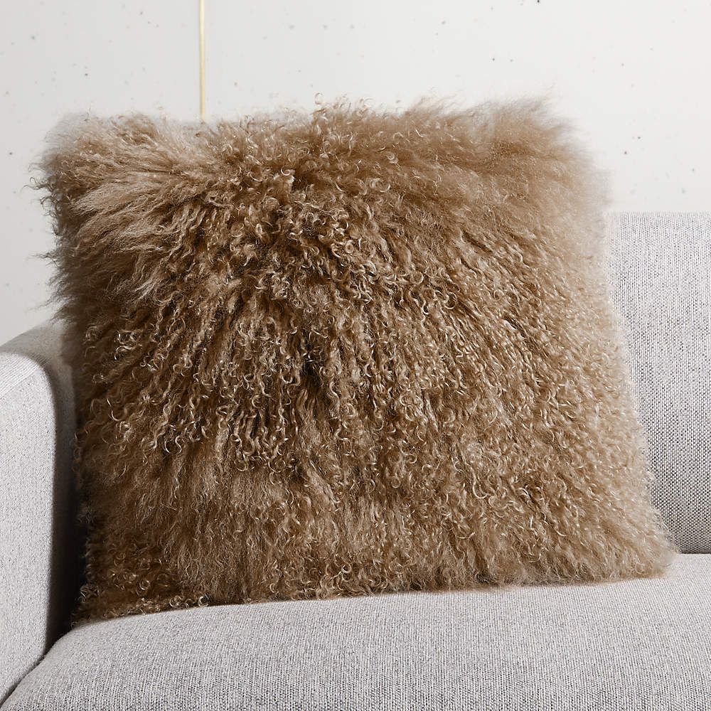 MAUVE MONGOLIAN SHEEPSKIN FUR THROW PILLOW WITH DOWN-ALTERNATIVE INSERT 16" | CB2