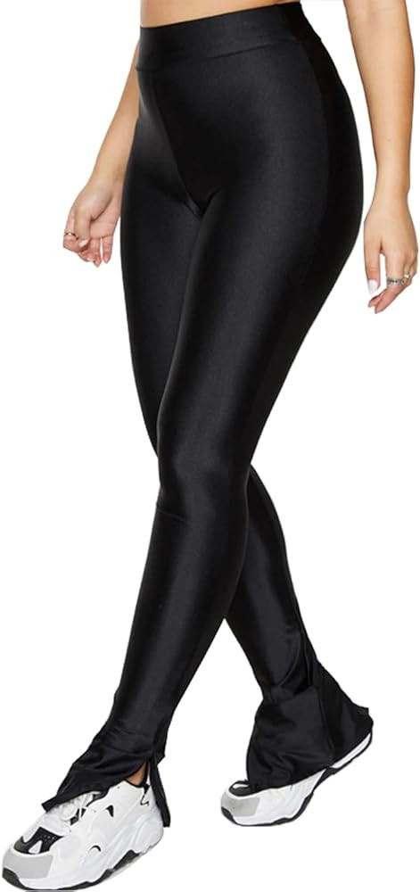 Women's Stretchy Side Split Hem Flare Pants Skinny Shiny Mid-Waist Club Party Daily Casual Tights... | Amazon (US)