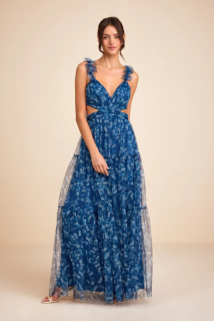 Ethereal Love Blue Floral Pleated Tiered Tie-Back Maxi Dress | Lulus