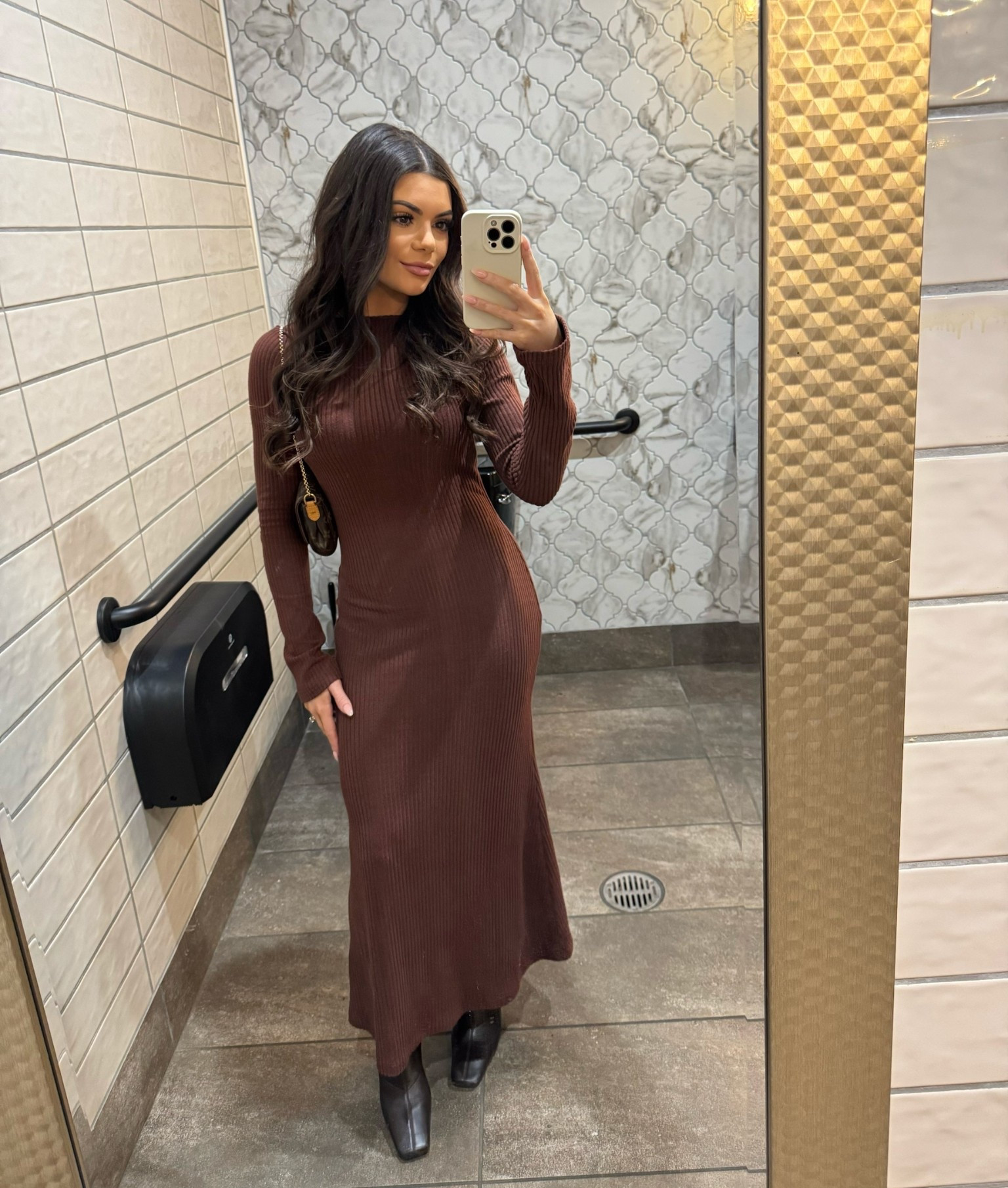 Chocolate sweater dress, brown sweater dress, brown maxi dress, chocolate maxi dress, long sleeve dress, winter outfit, winter baby shower guest outfit, Tony Bianco boots, chocolate boots, brown leather boots

#LTKootd #LTKFindsUnder50 #LTKPetite