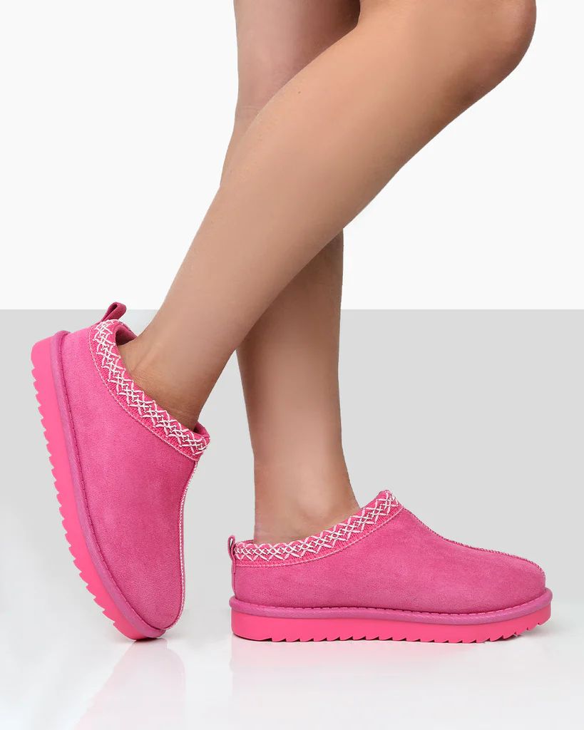Tamsin Pink Faux Suede Embroidered Slipper Boots | Public Desire (US & CA)