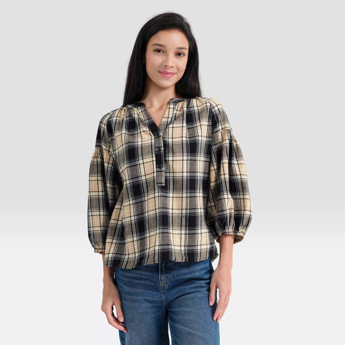 Women's Bishop 3/4 Sleeve Smock Henley Neck Partial Placket Blouse - Universal Thread\u2122 Black... | Target