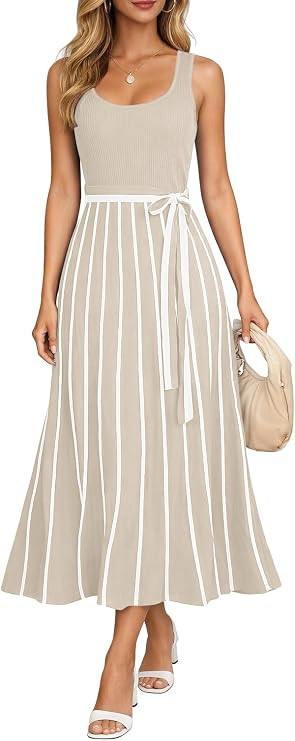 WXN Womens Summer Work Midi Dress 2026 Sleeveless Crewneck Tie Waist A Line Flowy Casual Vacation... | Amazon (US)