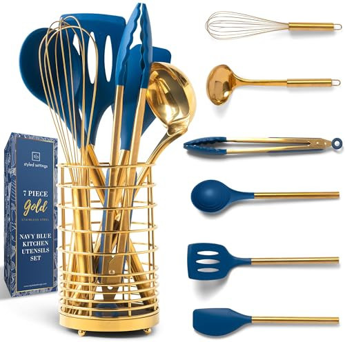 Gold and Navy Blue Kitchen Utensils Set - 7-Piece Silicone Cooking Tools for Nonstick Cookware with Utensil Holder - Stylish Cooking Gifts for Modern Kitchens | Amazon (US)