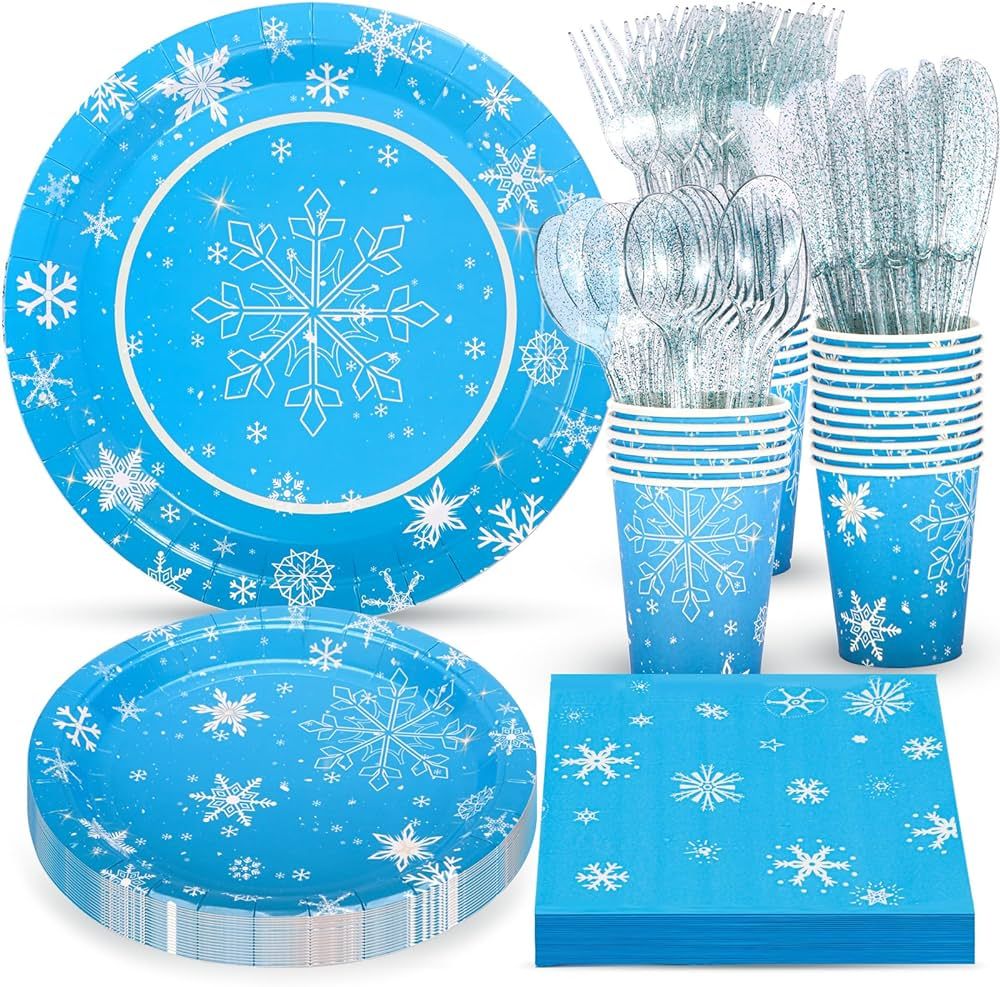 Atonofun Frozen Birthday Party Supplies, Christmas Snowflake Party Plates, Cups, Napkins and Cutl... | Amazon (US)