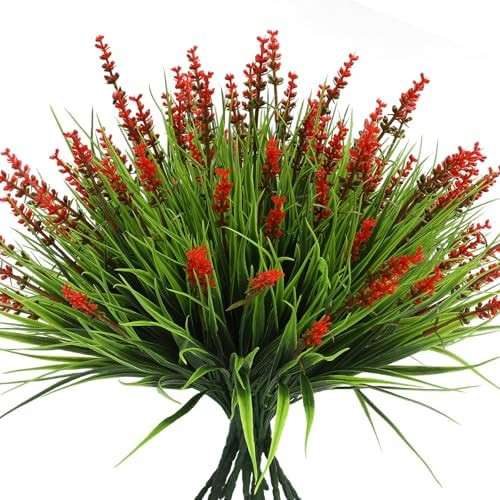 Artificial Flowers Outdoor 12 Bundles Fake Plants Outside Red Flower Grass Faux Greenery Spring S... | Amazon (US)