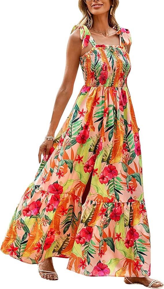 Floerns Women's Floral Print Tie Strap Square Neck Ruffle Boho Maxi Dress | Amazon (US)