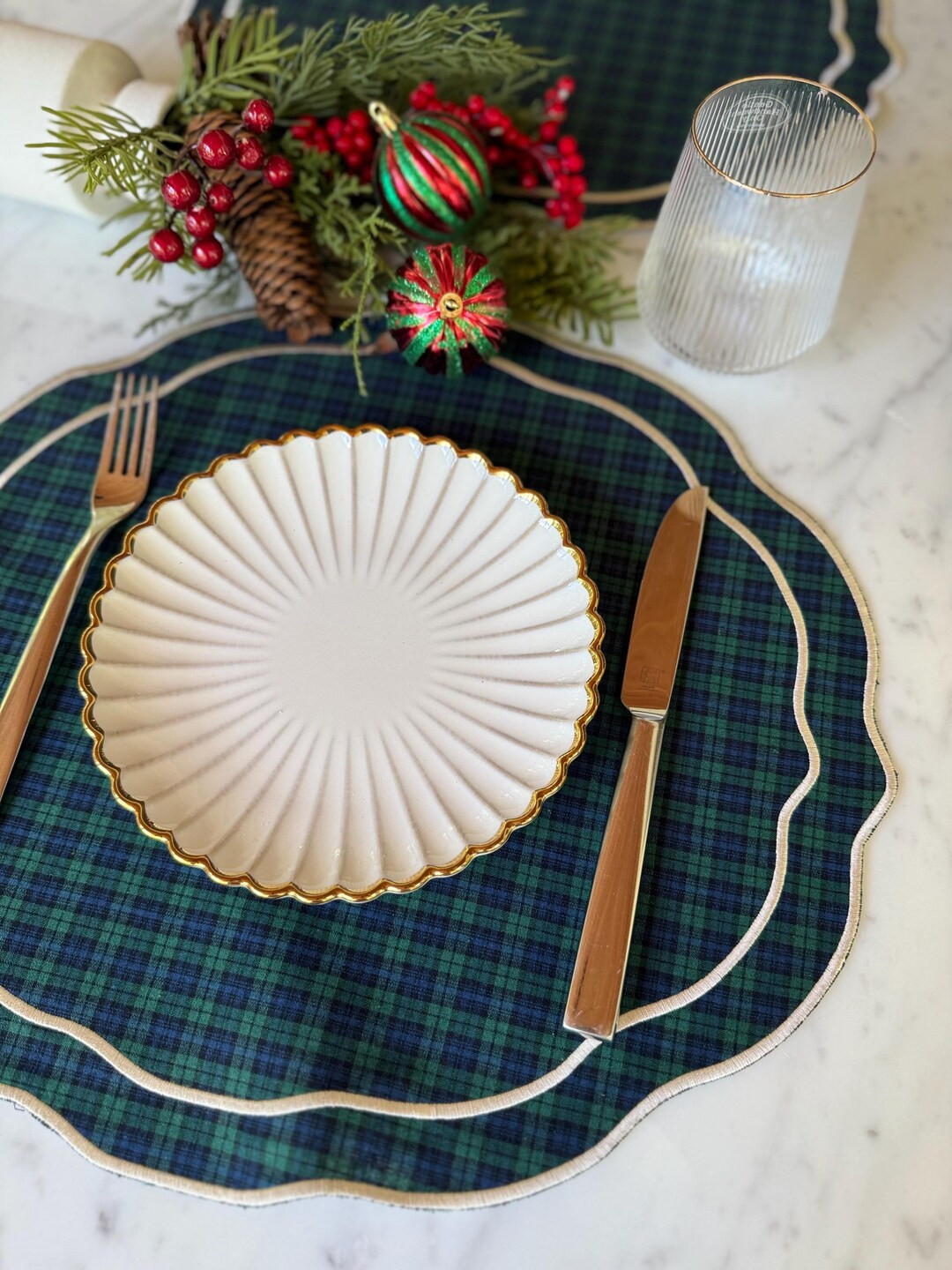 Christmas Placemats, Green Plaids Table Mat, Winter Holiday Table Decor, Embroidered Scallop, Far... | Etsy (US)