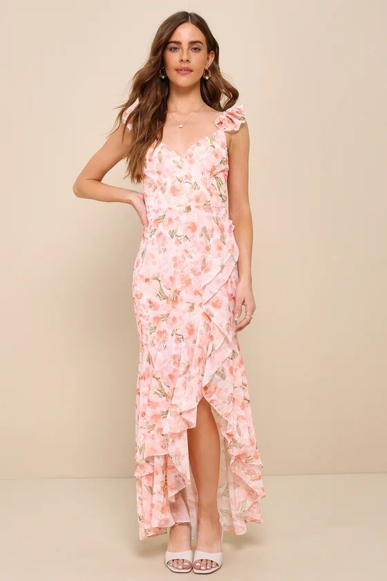 Darling Glow Peach Pink Floral Ruffled High-Low Maxi Dress | Lulus