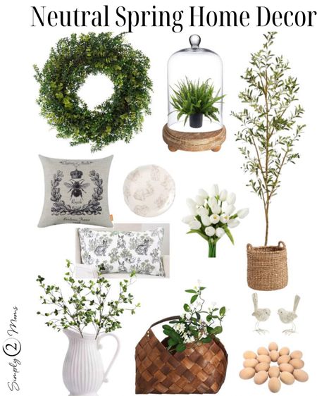 Want to decorate your home for spring with a neutral color scheme? Choose spring decor that will work in your home all season long into summer! This 22-inch boxwood wreath is great for any season. Place a small potted faux plant under a glass cliche bell jar on a rustic round wood riser. The best affordable faux olive tree looks great in a large basket. Realistic white faux tulips even feel like the real thing! Throw pillow covers with a queen bee motif add a French country touch to your home. Place faux stephanitis stems in a large woven basket with leather handles. These realistic faux branches look great in all kinds of containers but especially in a large white pitcher. Taupe scalloped plates with a bunny motif are a fun touch in a China cabinet or on a spring brunch table. Small white bird figurines are great to add to spring vignettes and so are natural wood eggs. #neutralhome #springdecorating #summerdecorating 

#LTKunder50 #LTKhome #LTKSeasonal