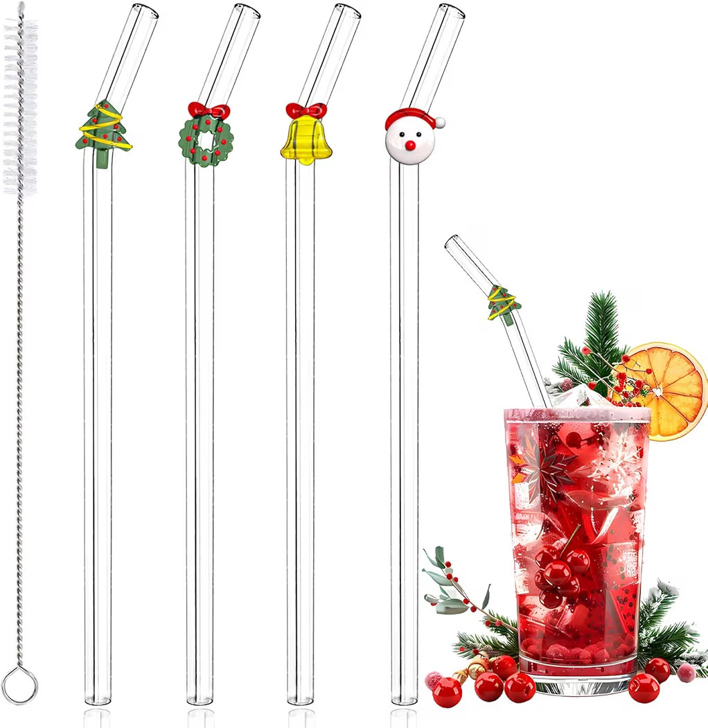 4 Pcs Christmas Reusable Glass Straws, Cute Christmas Shaped with Cleaning Brush for Coffee, Smoo... | Amazon (US)