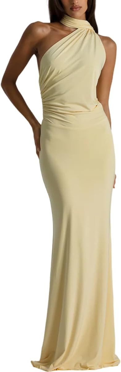 ABINGOO Women One Shoulder Maxi Dress Sleeveless Bodycon Tie Back Long Dresses for Wedding Guest ... | Amazon (US)