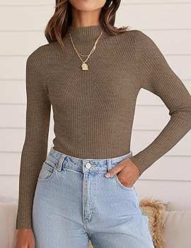 ZESICA Women's 2025 Fall Long Sleeve Turtleneck T Shirt Ribbed Knit Sweater Slim Fit Basic Casual... | Amazon (US)