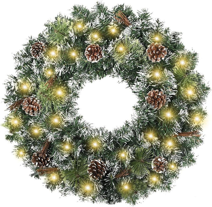 Christmas Wreath for Front Door Wreath, 24 Inch Christmas Door Wreath with LED Lights, Pine Cones... | Amazon (US)