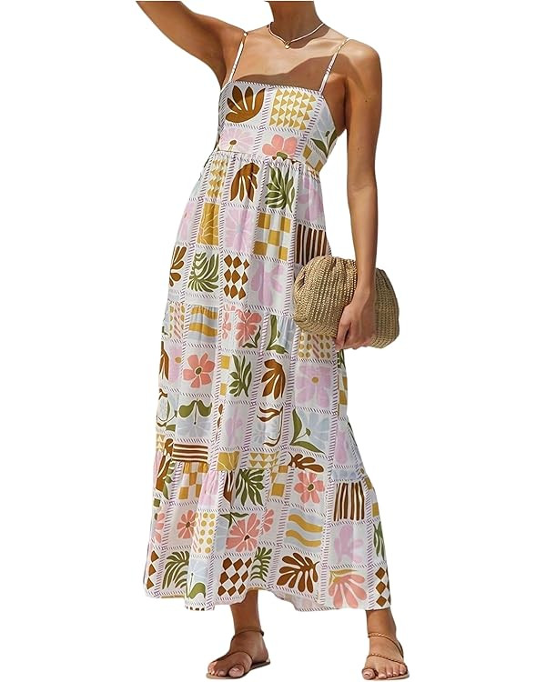 Floerns Women's Summer Boho Spaghetti Strap Maxi Dresses Shirred Beach Dress Flowy Sundress | Amazon (US)