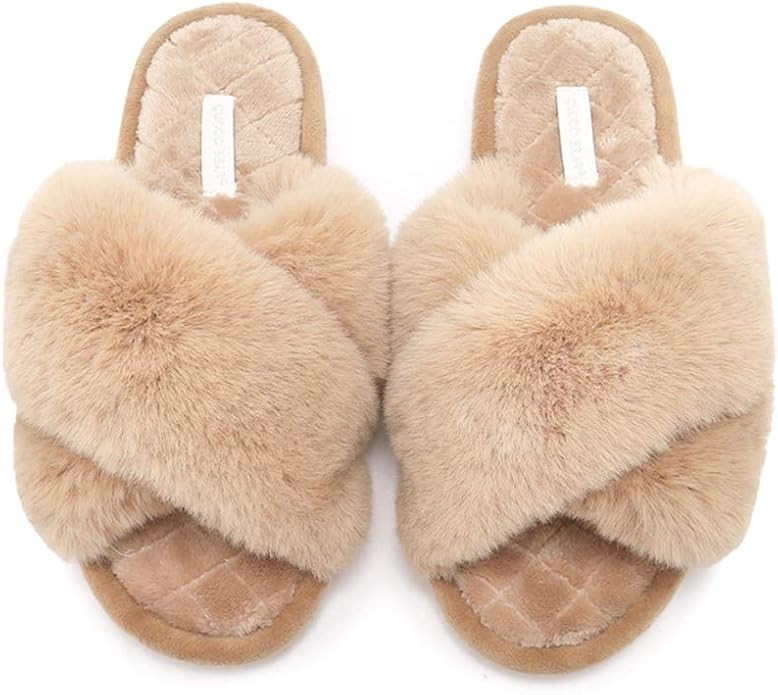 Vpogn Women's Cross Band Soft Plush Fleece House Indoor Outdoor Slippers | Amazon (US)
