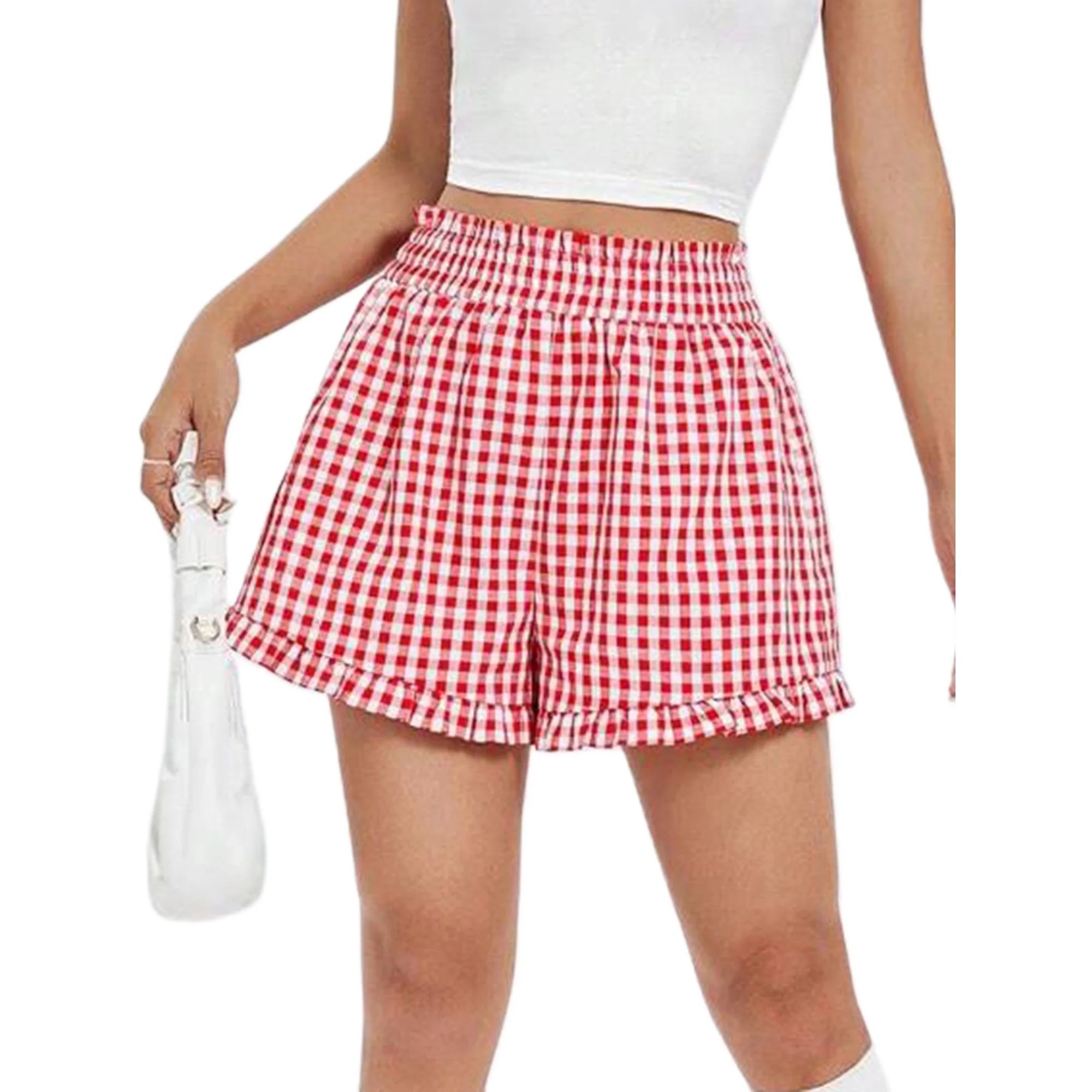 Louatui Womens High Waisted Running Plaid Shorts Loose Fitting Elastic Shirred Ruffled Trim Athle... | Walmart (US)