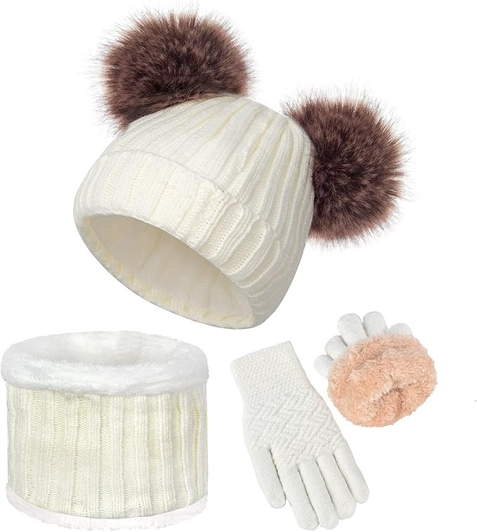 Kids Winter Beanie Scarf Gloves Set - Thermal Fleece Lined Knit Hat, Soft Neck Warmer & Mittens f... | Amazon (US)