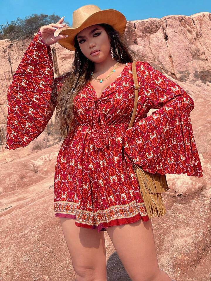 SHEIN WYWH Plus Size Tie-Front Flare Sleeve Romper | SHEIN