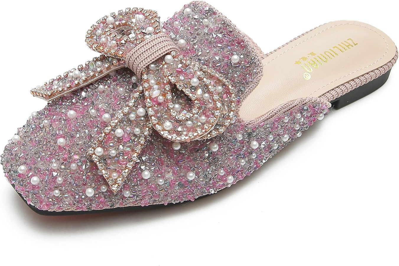 SANIOOOI Women's Pearl Rhinestone Bow Mules,Glitter Square Toe Slip on Flat Ladies Sparkly Baotou... | Amazon (US)