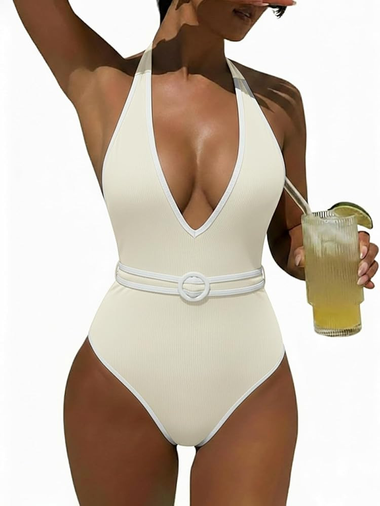 Women's One Piece Swimsuits Tummy Control Deep V Neck Bathing Suit Backless Color Block Swim Suit... | Amazon (US)