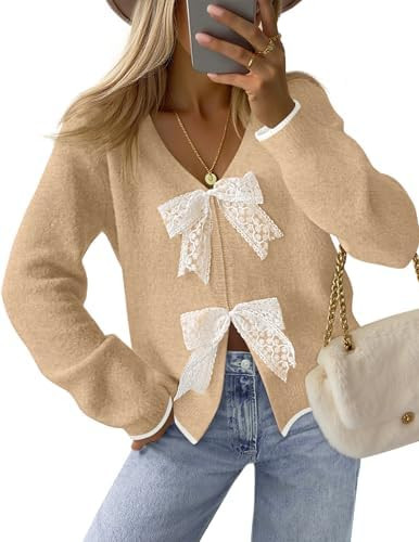 MEROKEETY Women's Tie Front Bow Cardigan Sweaters 2025 Long Sleeve Chunky Knit Cute Trendy Fall W... | Amazon (US)