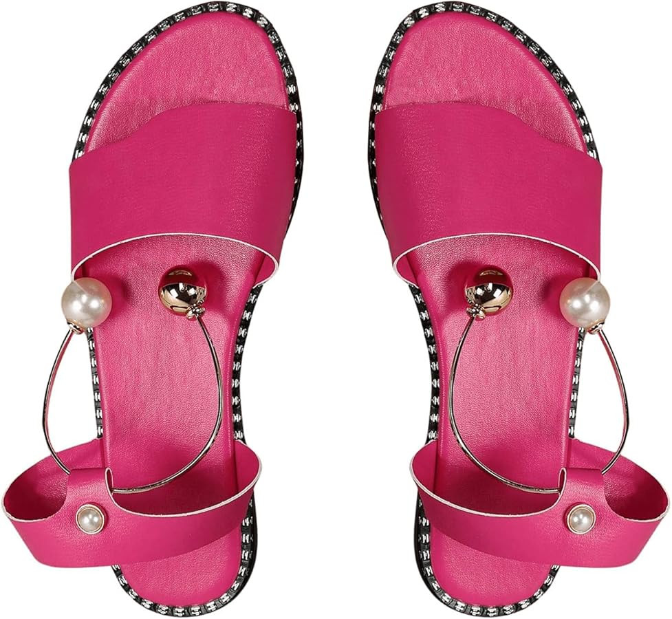OYOANGLE Women's Pearl Decor Clear Straps Open Toe Flat Sandals Leather Outdoor Beach Sandals | Amazon (US)