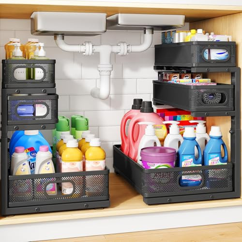 Under Sink Organizer, 2-Pack 3-Tier Thickened Metal Pull out Cabinet Organizer Shelf, Height Adjustable Slide out Storage Drawer Rack for Kitchen Bathroom Pantry Laundry Home Office Organization | Amazon (US)