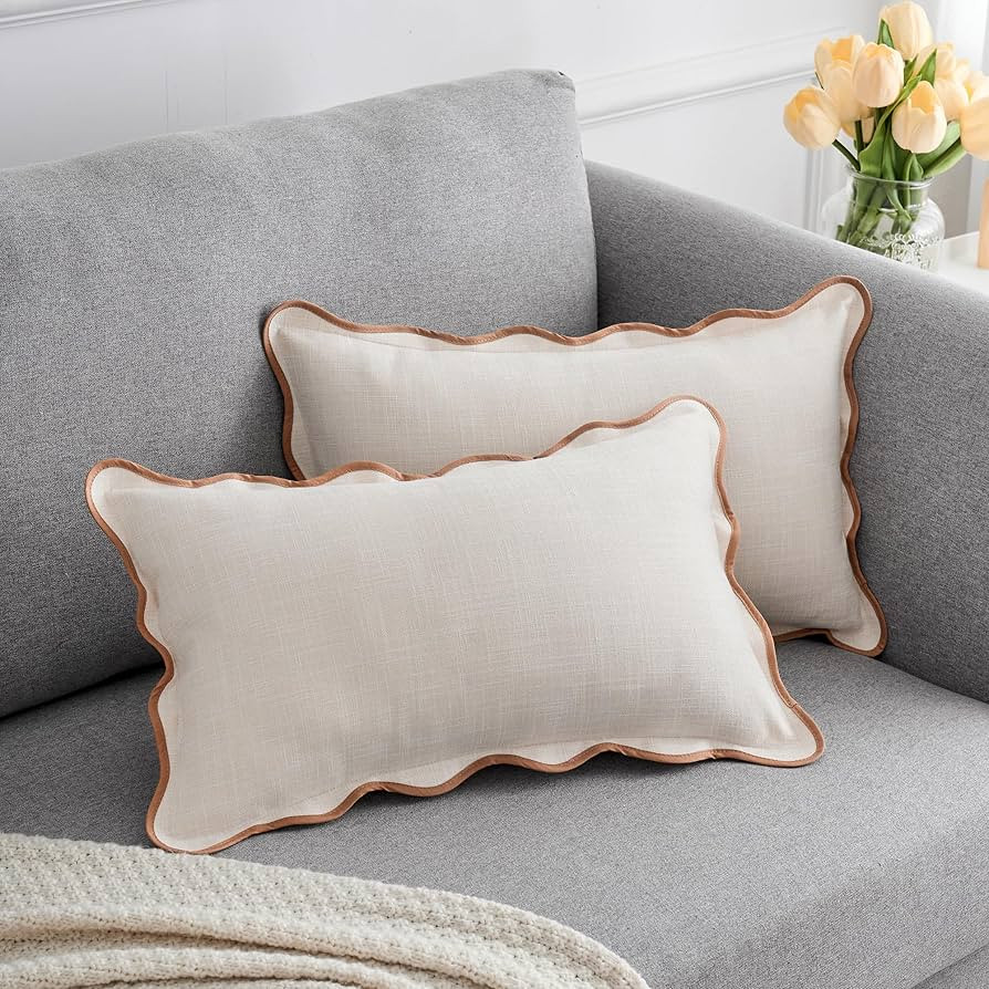 Scalloped Throw Pillow Covers 12x20 Inch Set of 2, Soft Cotton & Cozy Linen, Boho Sytle Decorativ... | Amazon (US)