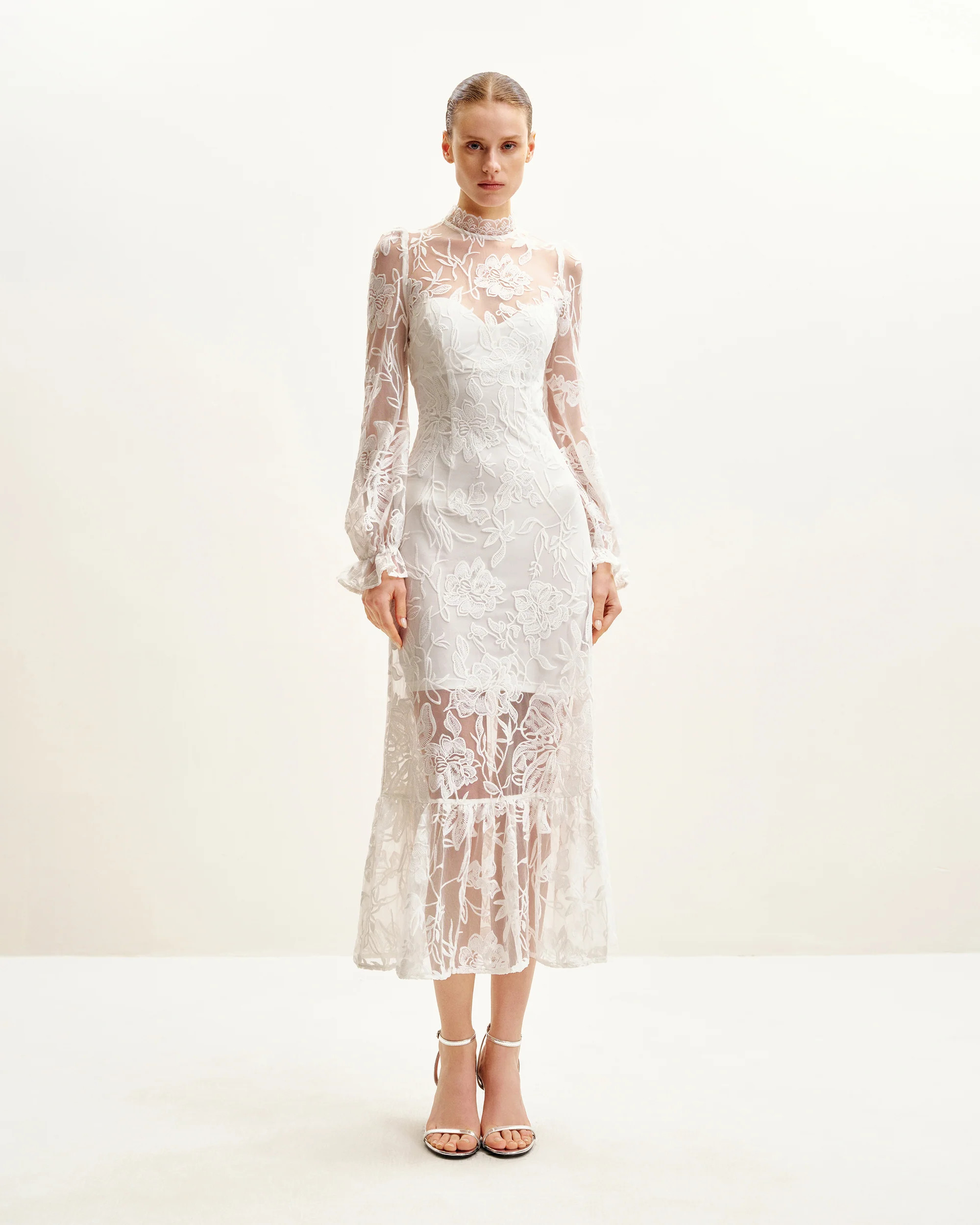 Elegant Lace Midi Dress - White | JW PEI US
