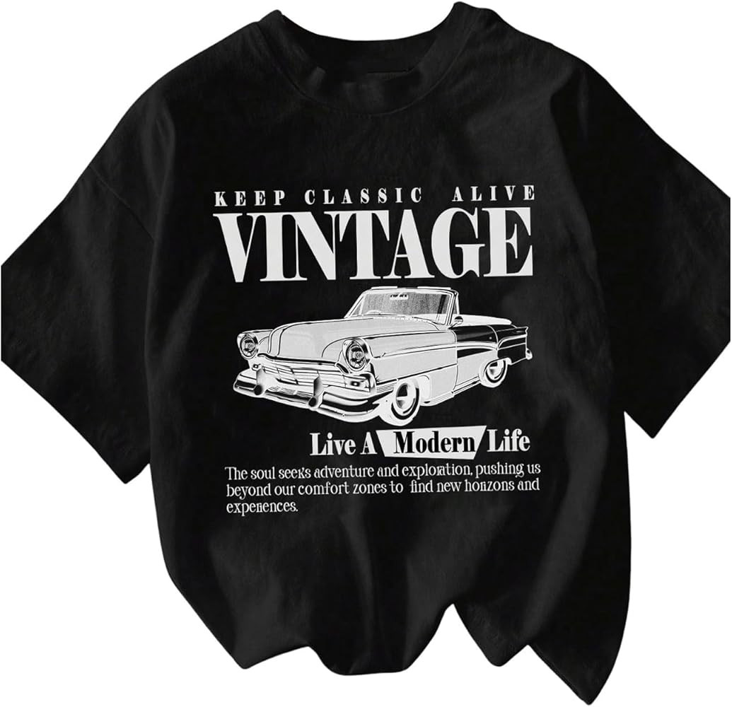 Women's Graphic Letter Tee Crew Neck Drop Shoulder Trendy Summer T Shirt Short Sleeve Vintage Car... | Amazon (US)