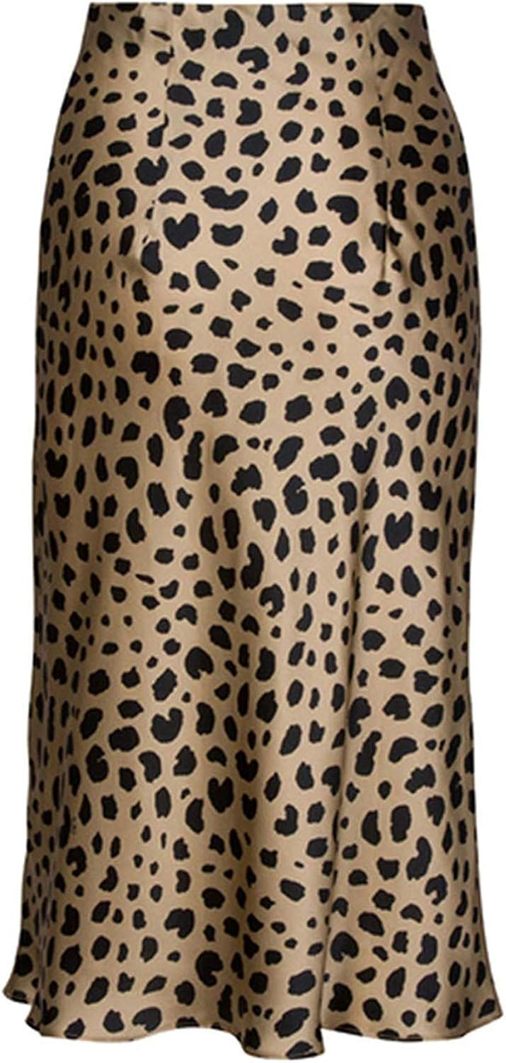 Soowalaoo High Waist Leopard Midi Skirt Hidden Elasticized Waistband Silk Satin Skirts | Amazon (US)