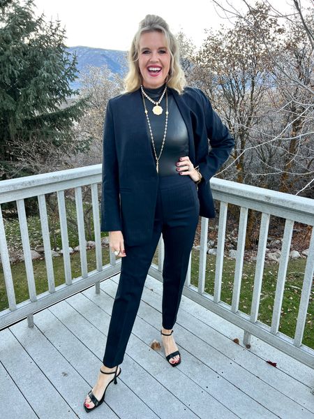 Spanx Sale🚨
These navy pinstripes pants are so good and 50% off…

I am also wearing the matching Blazer 
And the faux leather body suit.. 
blazer size down…
Bodysuit I am in tts … but it’s a little hard to get on once on super comfy (might want to size up) 

Jewelry by French Kande 

Shoes a strap kitten heal

Great for work wear or Holidays✔️
Would make gifts too!


#LTKsalealert #LTKHoliday #LTKover40