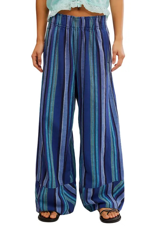 Free People Days End Stripe Wide Leg Linen Pants in Navy Combo at Nordstrom, Size Medium | Nordstrom