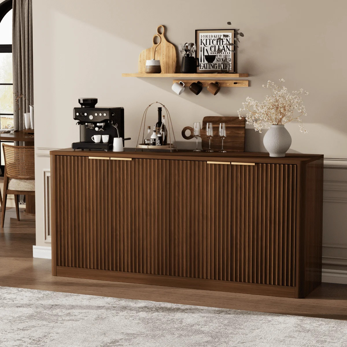 UZUGUL Sideboard Cabinet Farmhouse Walnut Fluted 4 Doors with Adjustable Shelves 1-Pack 59 Inch - Walmart.com | Walmart (US)