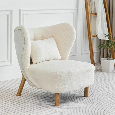 White Lamb Wool Accent Chair Wingback Chair in Wooden Frame | Homary