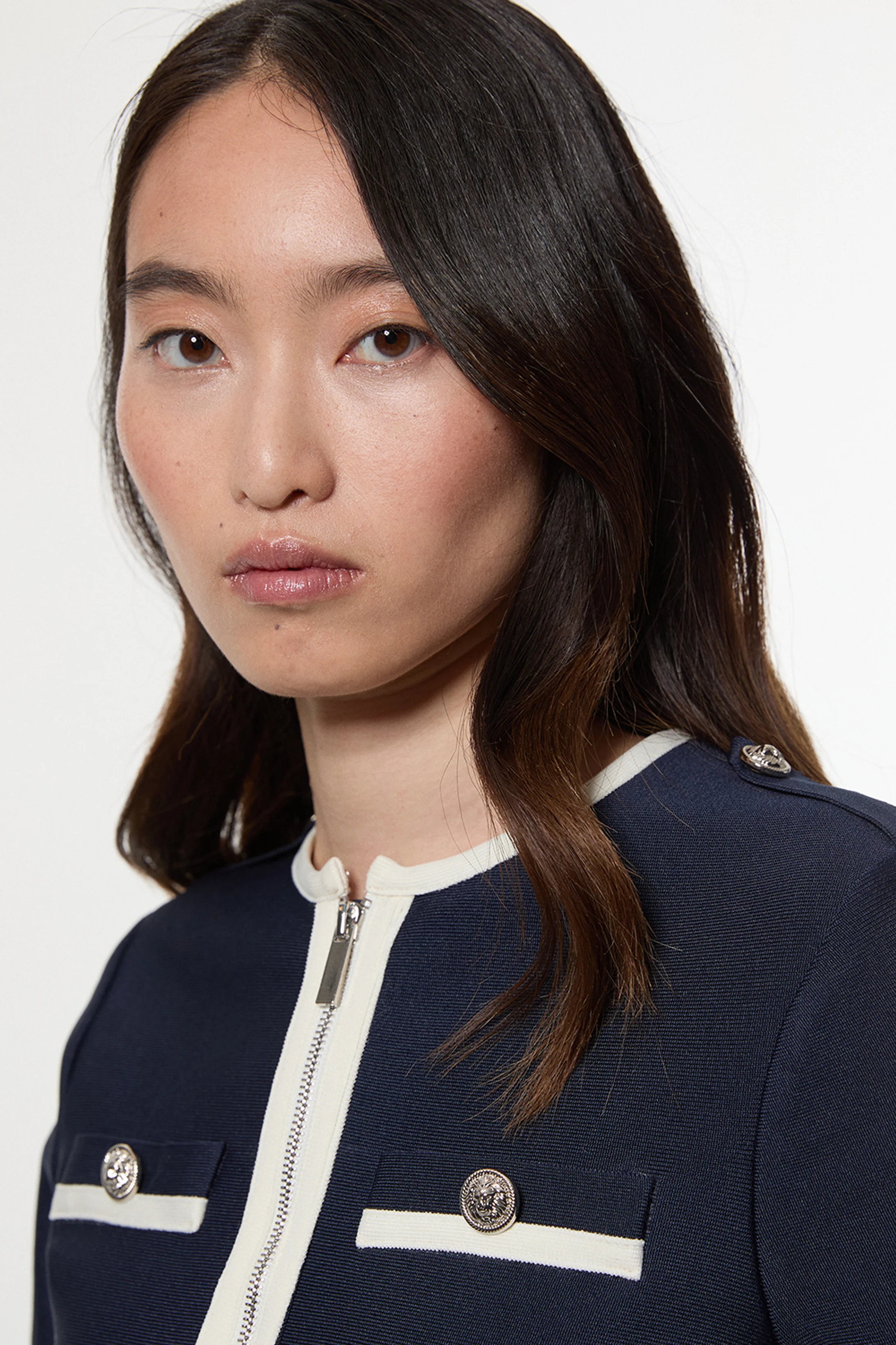 Figure Form Bandage Military Contrast Piping Knit Split Hem Jacket | Karen Millen UK + IE + DE + NL