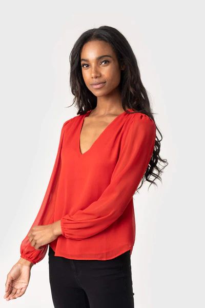 Gathered Shoulder Blouson Sleeve V-Neck Blouse | Gibson