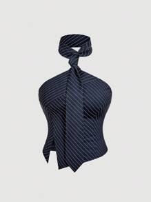 SHEIN MOD Plus Size Women's Halter Neck Tie Black & White Striped Cropped Top, Striped Collar Spl... | SHEIN