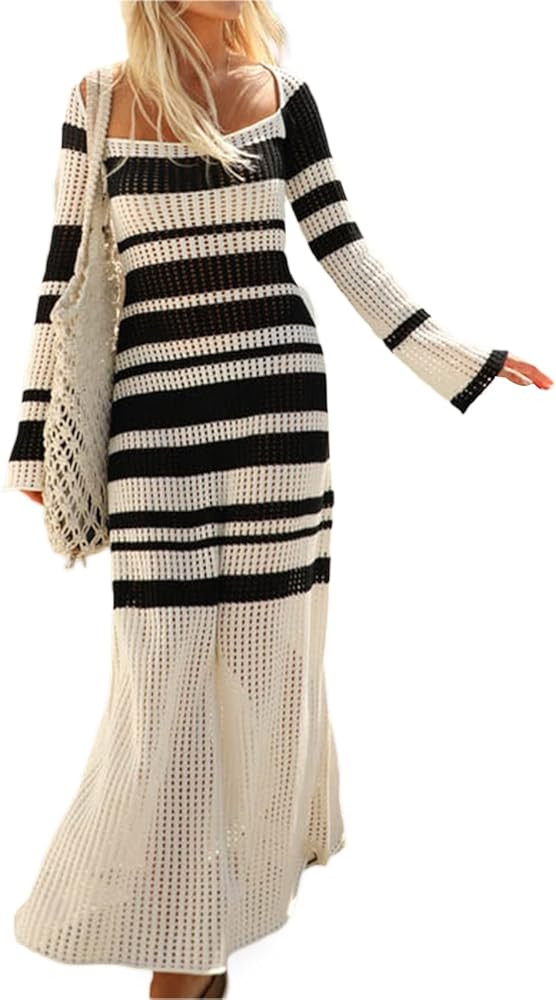 Amazon.com: Women Crochet Knit Maxi Dress Y2K Cover up Hollow Out Long Dress Long Sleeve Balck St... | Amazon (US)