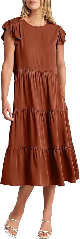 ANRABESS Women's 2023 Spring Summer Casual Short Sleeve Crewneck Tiered A Line Flowy Beach Midi D... | Amazon (US)