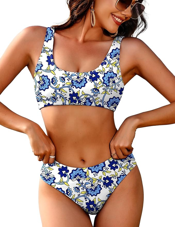 AI'MAGE Women Ribbed Bikini Sets Sporty Swimsuits Scoop Neck Two Piece Bathing Suits High Cut Bik... | Amazon (US)